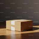 Sealed cardboard box on wooden floor in warm light