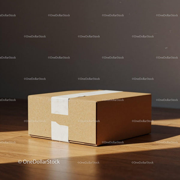 Sealed cardboard box on wooden floor in warm light JPG Mockup Image