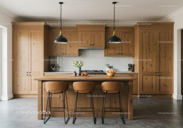 Modern Kitchen with Wooden Cabinets and Black Pendant Lights