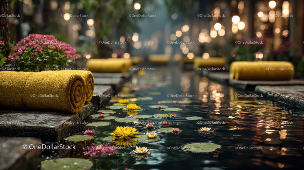 Outdoor Spa Pool with Water Lilies and Relaxing Towels