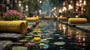 Outdoor Spa Pool with Water Lilies and Relaxing Towels
