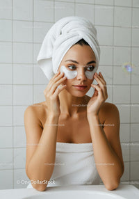 Young woman applying under eye patches in bathroom