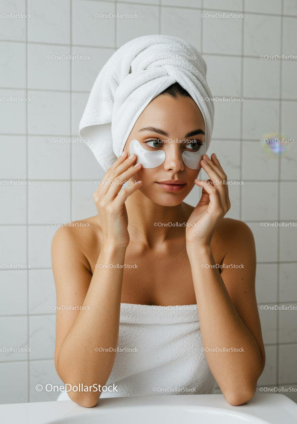 Young woman applying under eye patches in bathroom