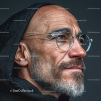 Thoughtful Elder Man in Hood with Glasses and Beard
