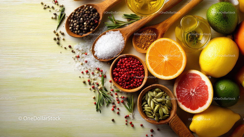Exquisite Collection of Fresh Spices and Citrus Fruits
