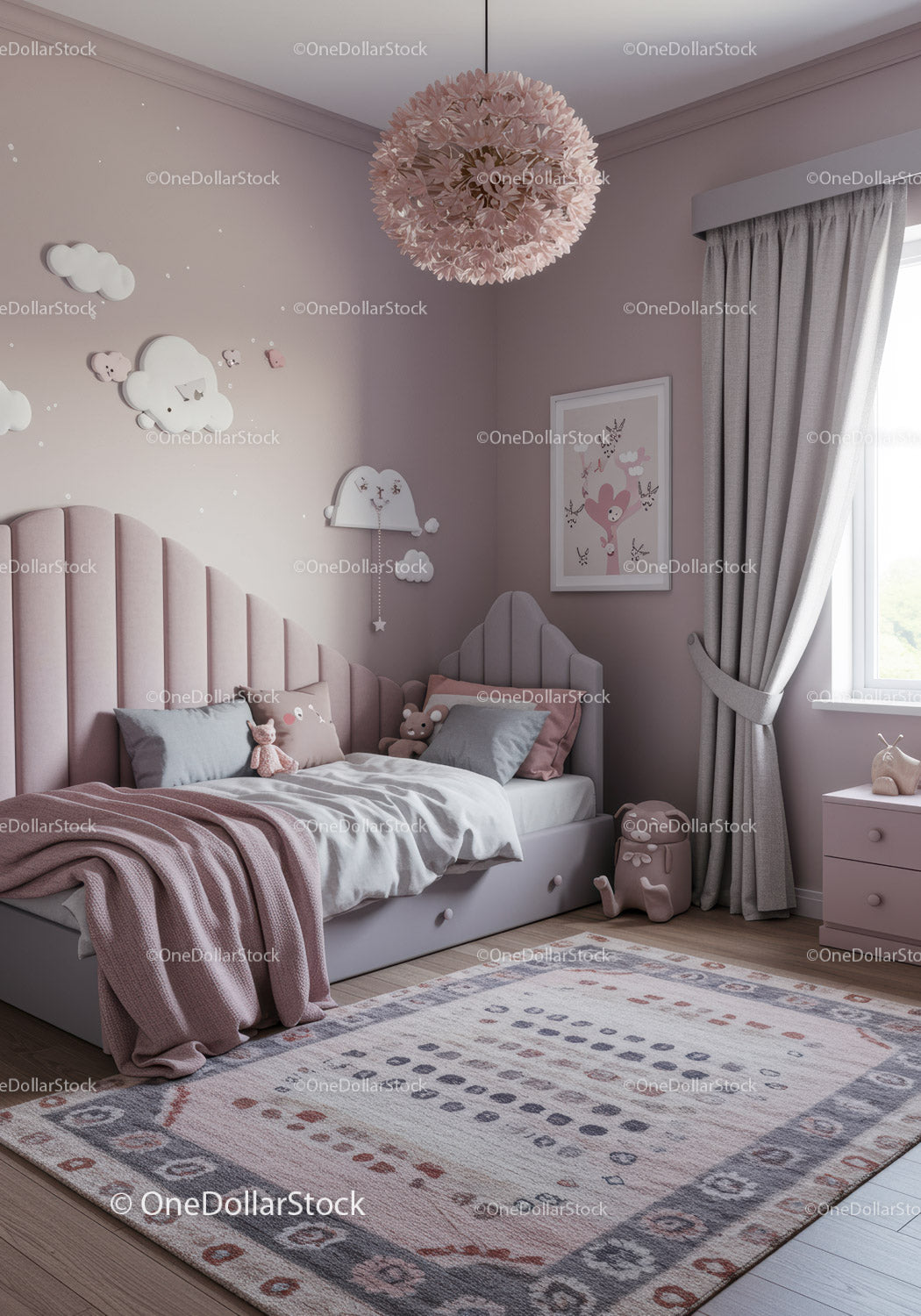 Cozy Pink Nursery with Cloud Wall Decor and Floral Rug