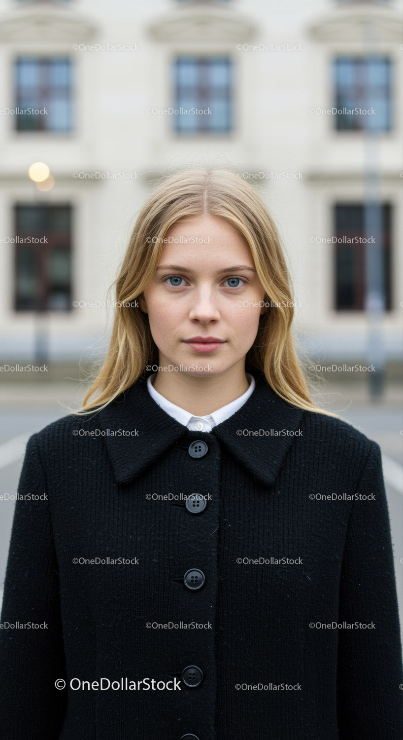 Young Woman Portrait Wearing Black Coat in Urban Setting