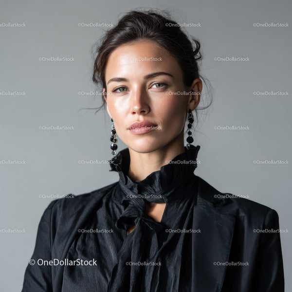 Elegant Woman in Black Satin Blouse with Statement Earrings