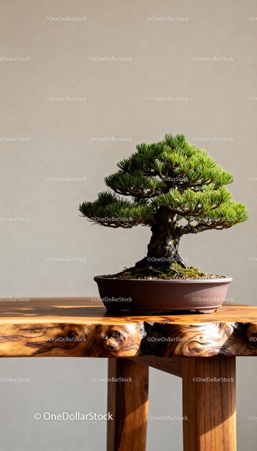Miniature Bonsai Tree Displayed on Rustic Wooden Table