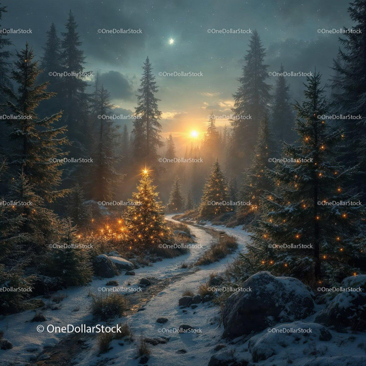 Snowy Forest Path with Glowing Christmas Tree Lights