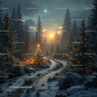 Snowy Forest Path with Glowing Christmas Tree Lights