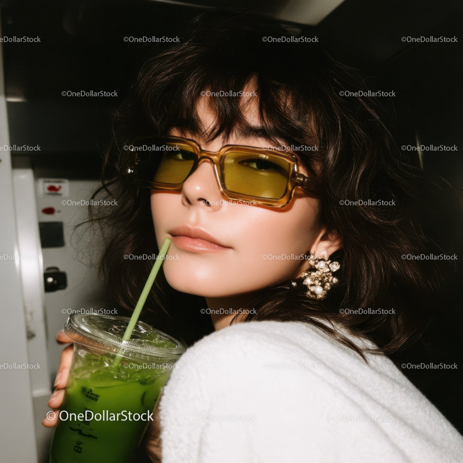 Stylish Woman with Green Drink and Yellow Sunglasses in Urban Setting