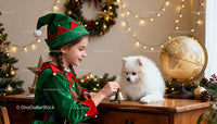 Girl in Elf Costume Playing with Dog During Christmas