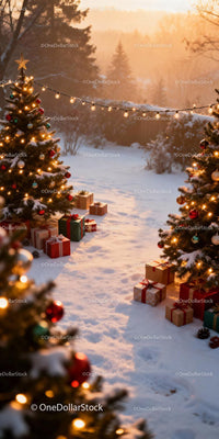 Festive Christmas Trees with Gifts in Snowy Winter Garden