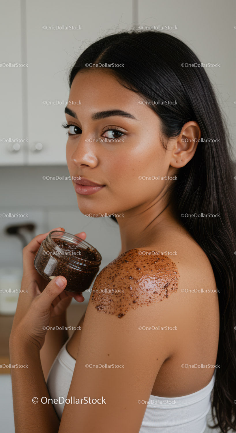 Młoda kobieta nakłada peeling kawowy na ramiona, aby uzyskać gładką skórę