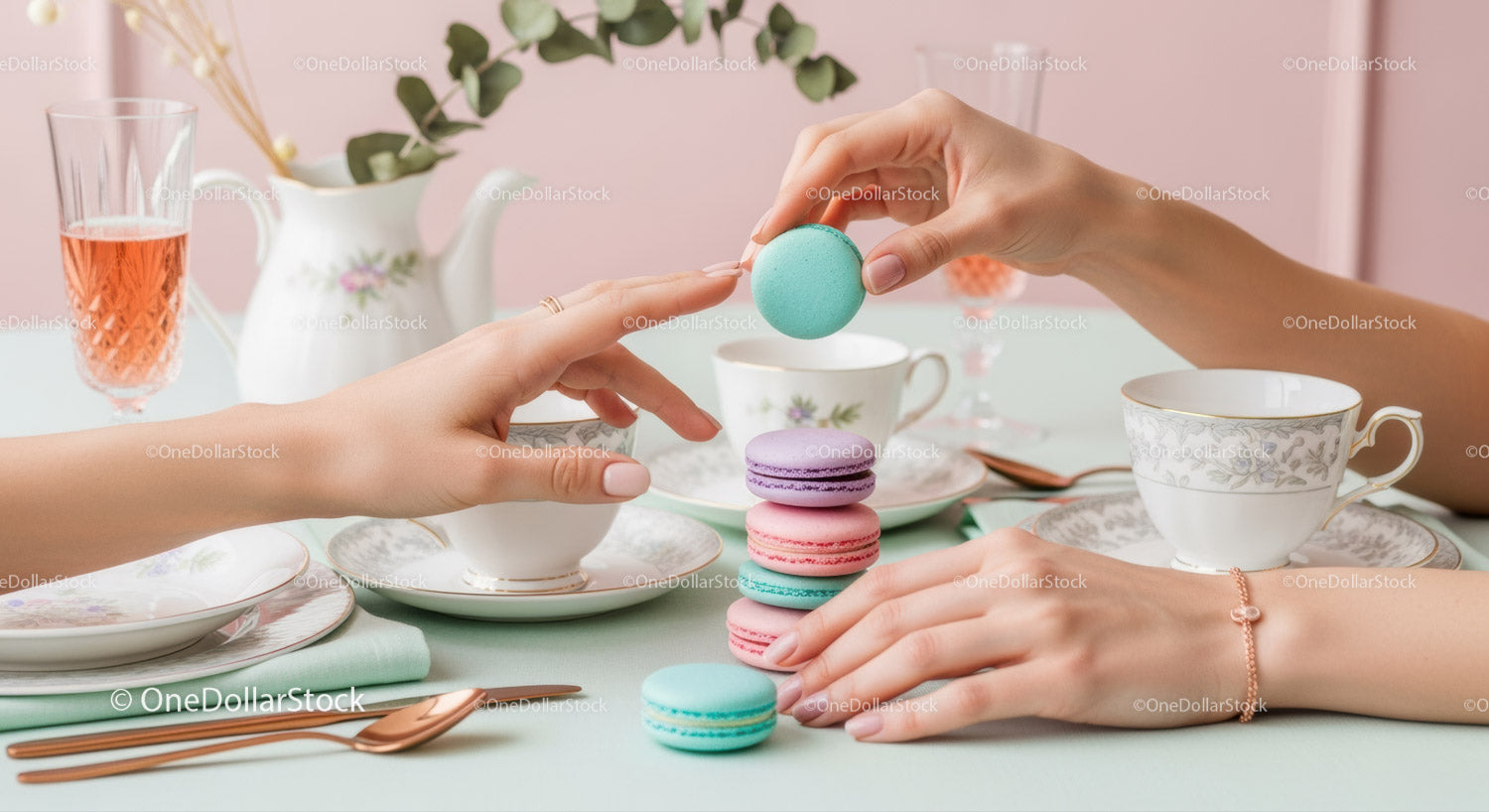 Elegant Tea Party with Colorful Macarons and Fine China Cups