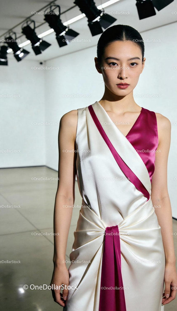 Elegant Asian woman wearing silk white and magenta dress