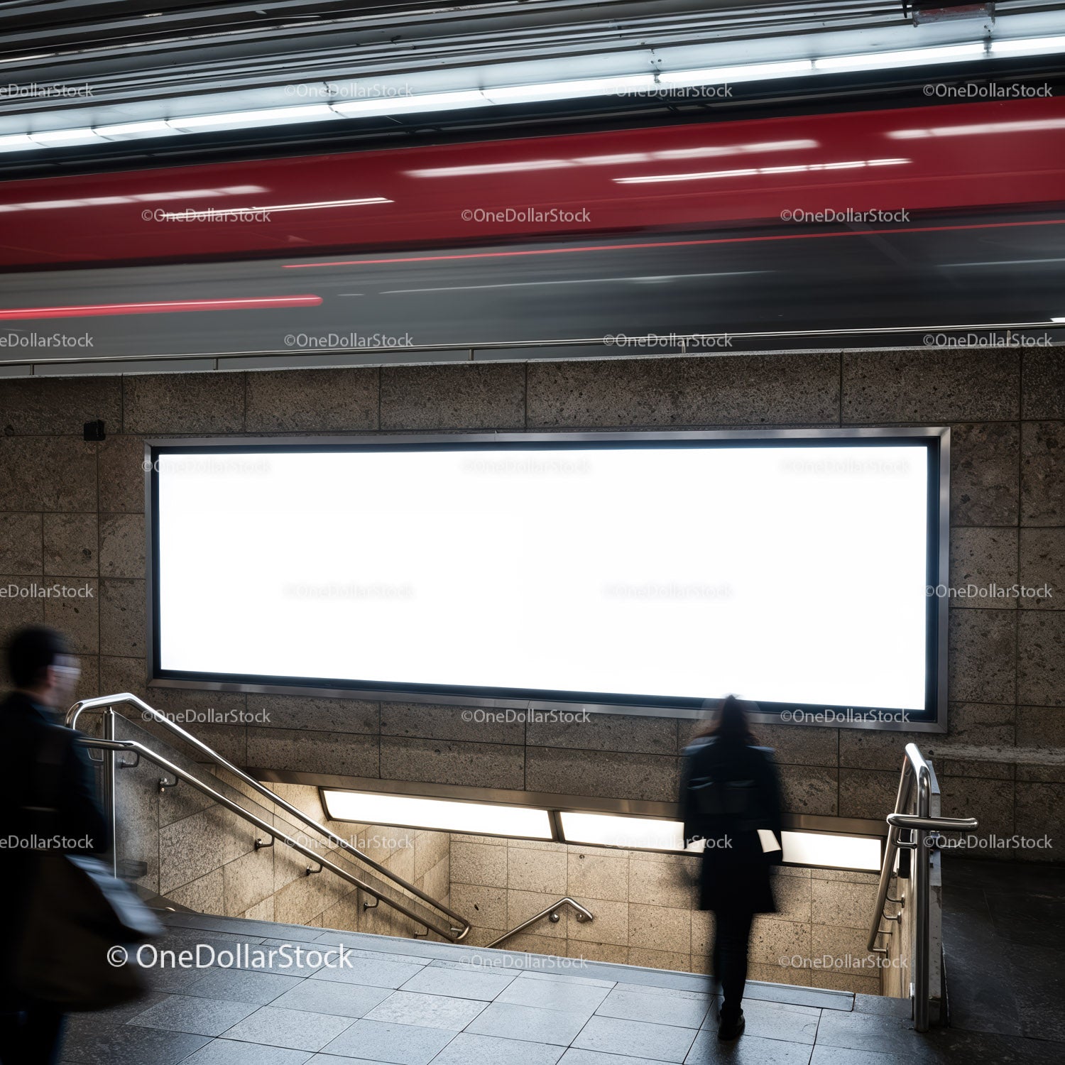 Blurred commuters near empty subway billboard at station
