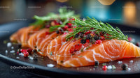 Fresh Salmon Fillet with Herbs and Red Berries on Black Plate