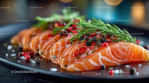 Fresh Salmon Fillet with Herbs and Red Berries on Black Plate