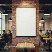 Cozy cafe interior with blank poster on brick wall