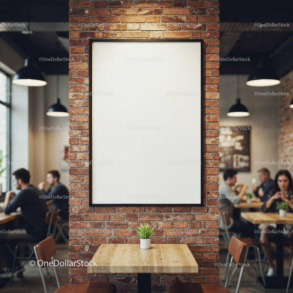 Cozy cafe interior with blank poster on brick wall JPG Mockup Image