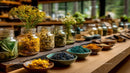 Colorful Herbal Spices and Botanicals in Glass Jars and Bowls