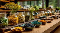 Colorful Herbal Spices and Botanicals in Glass Jars and Bowls