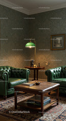 Cozy vintage living room with green leather armchairs
