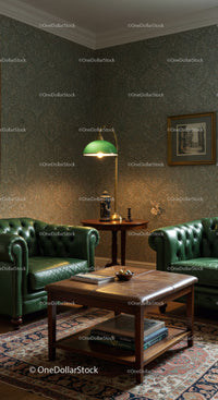 Cozy vintage living room with green leather armchairs
