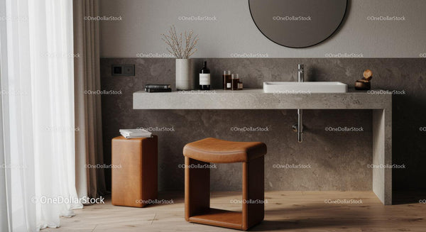 Modern Minimalist Bathroom with Stone Countertop and Leather Stool