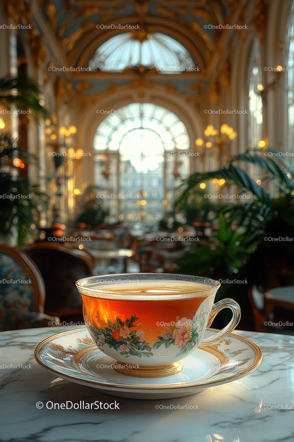 Elegant floral teacup in grand historic interior with ornate architecture
