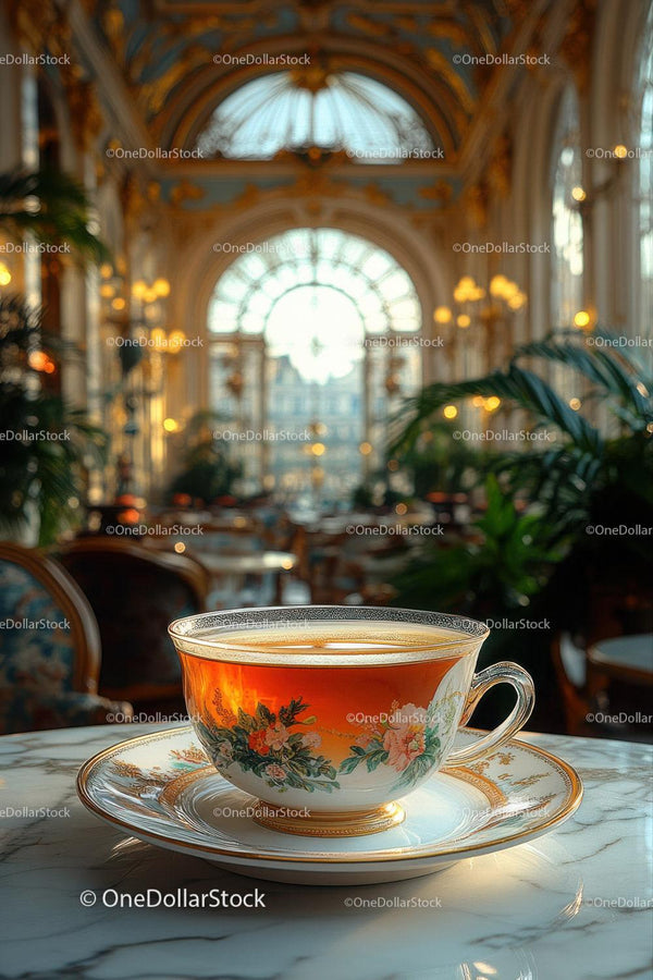 Elegant floral teacup in grand historic interior with ornate architecture
