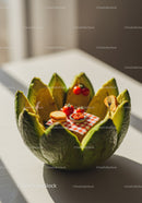 Creative picnic setup inside carved avocado bowl