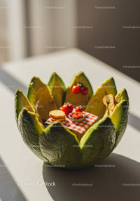 Creative picnic setup inside carved avocado bowl