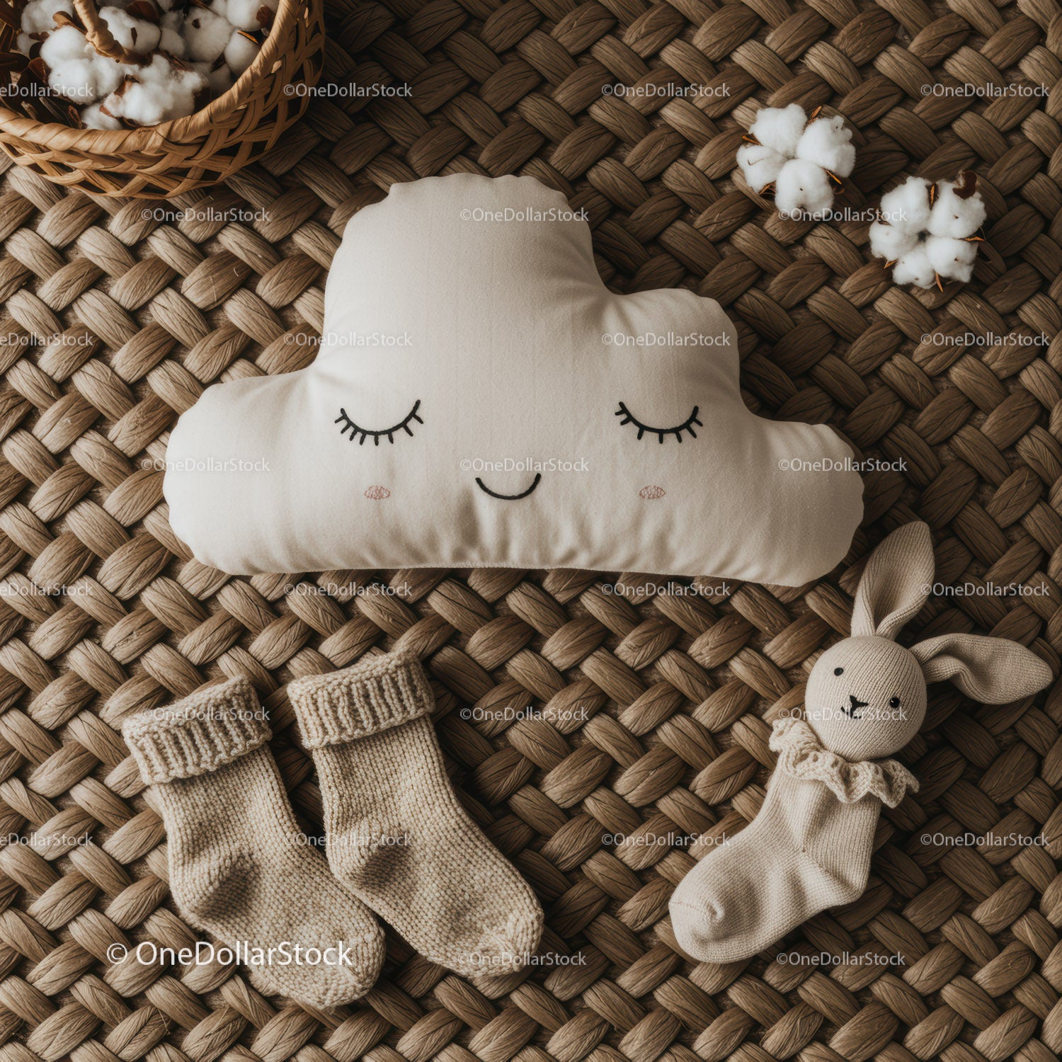 Cozy Baby Essentials and Soft Toy on Woven Mat