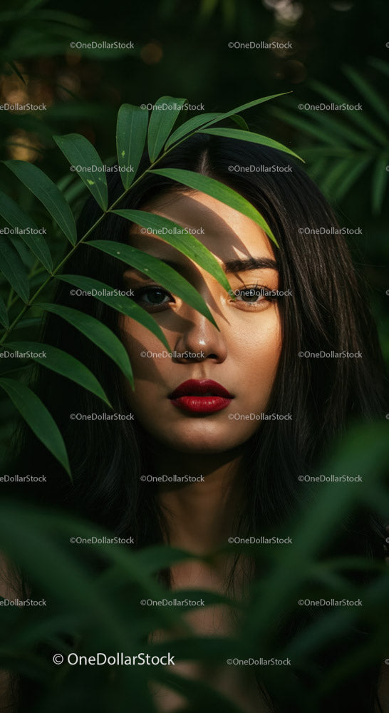 Portret tajemniczej kobiety z tropikalną zielenią