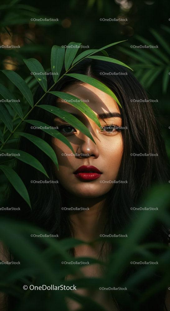 Mysterious Woman Portrait with Tropical Greenery
