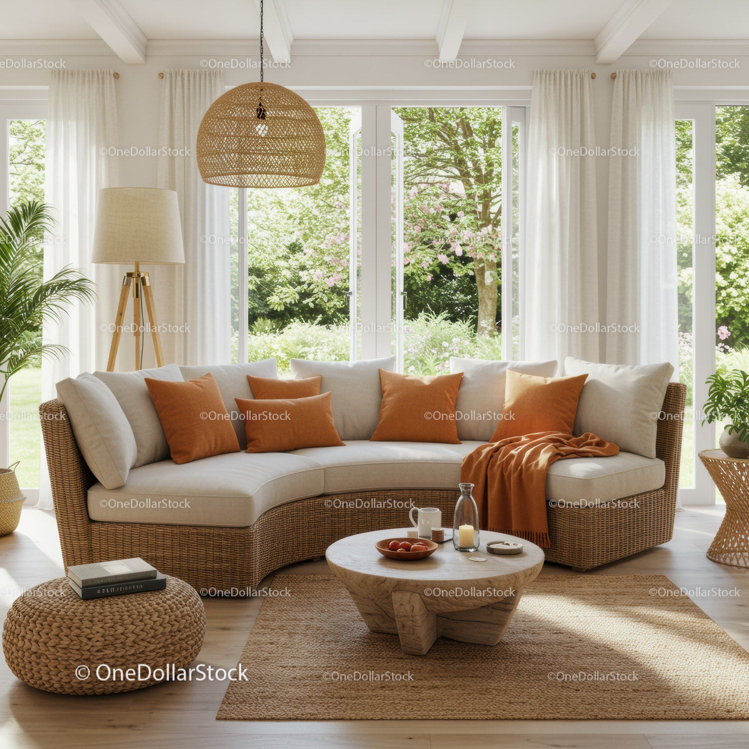 Cozy wicker sofa with warm cushions in bright living room
