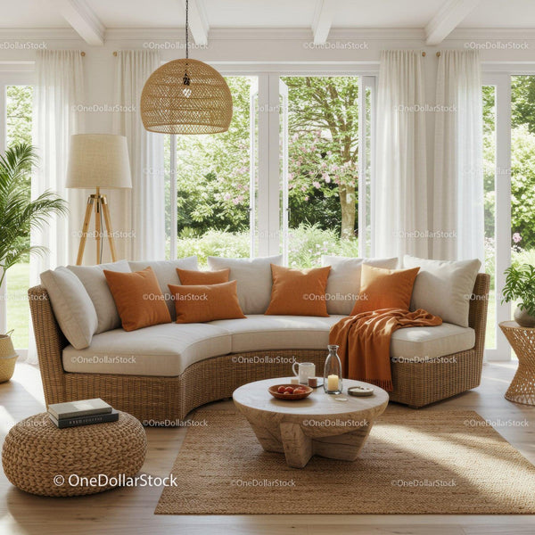 Cozy wicker sofa with warm cushions in bright living room