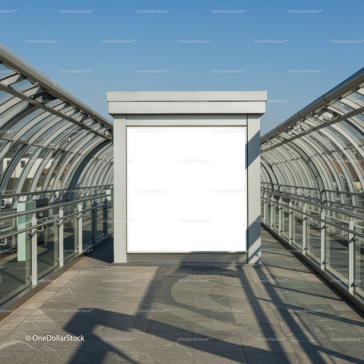 Empty white billboard in modern glass corridor