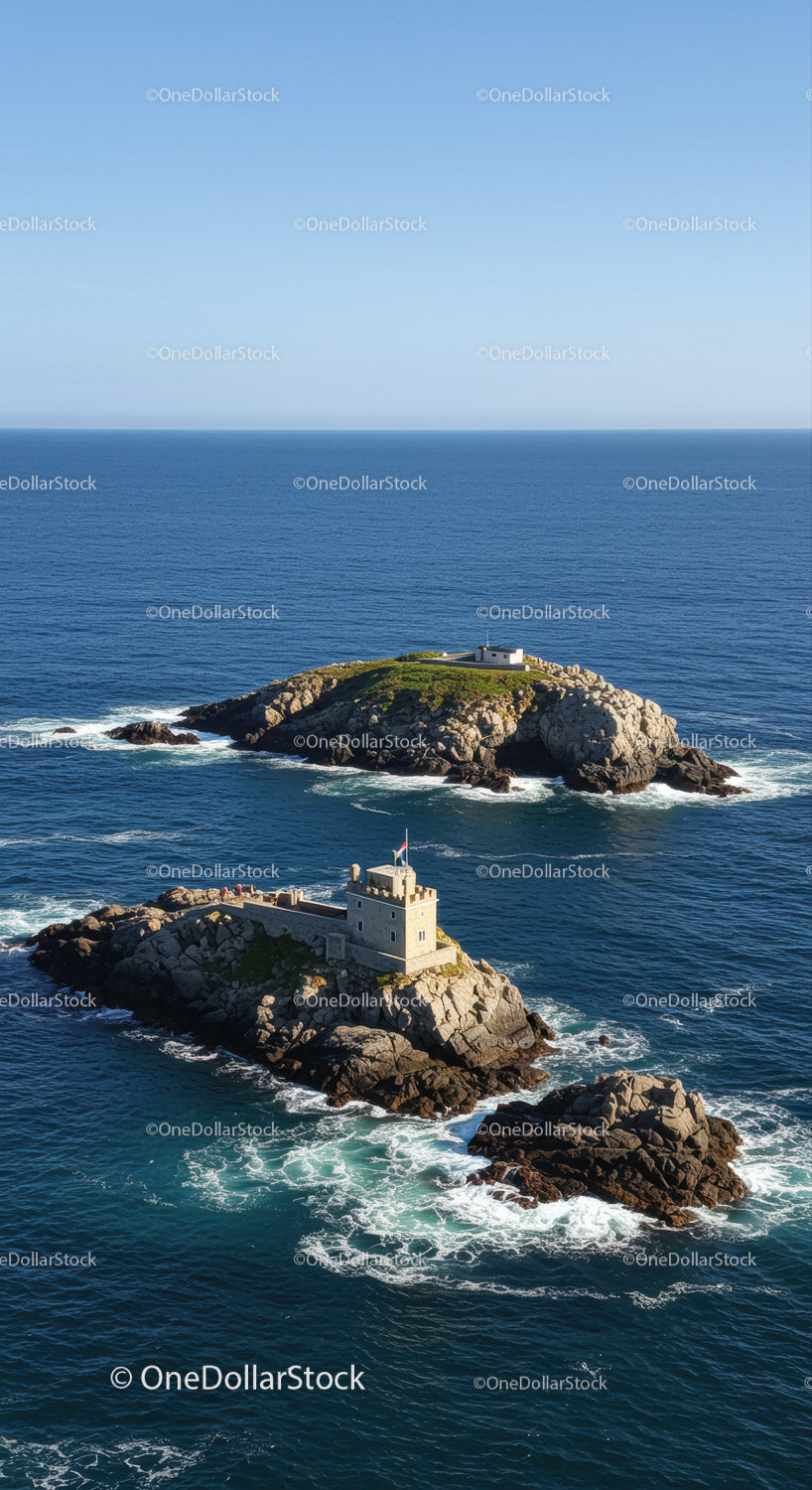 Seaside Scenery with Rocky Islands and Lighthouses Blue Ocean