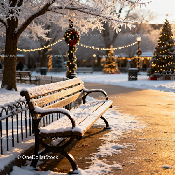 Snow-covered Bench in Festive Park at Sunset