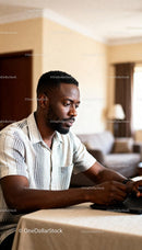 Focused young man using laptop in cozy home setting