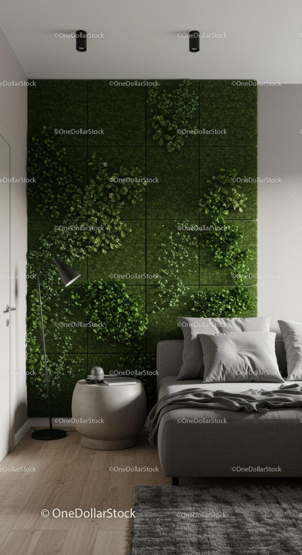 Modern Living Room with Green Plant Wall and Cozy Gray Sofa