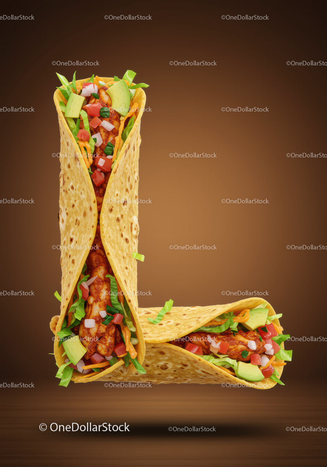 Two Chicken Wraps with Fresh Vegetables on Brown Background