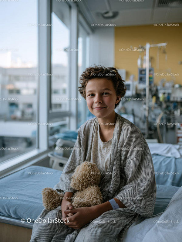 Smiling Young Boy in Hospital Bed Holding Teddy Bear