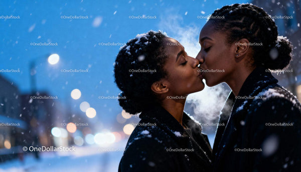 Intimate Winter Kiss Between Two Women at Dusk