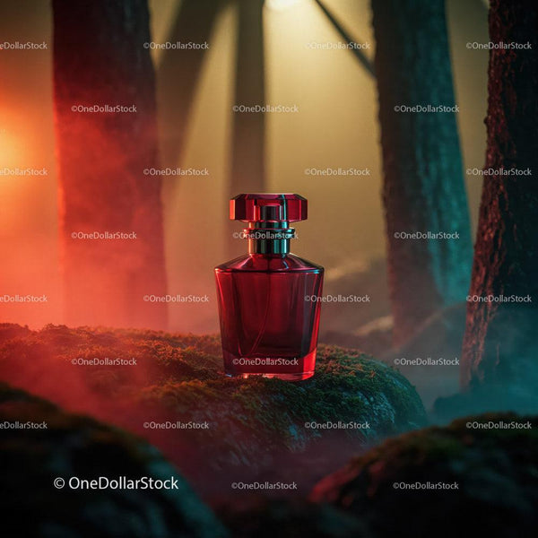 Elegant Red Perfume Bottle in Enchanting Forest Atmosphere JPG Mockup Image