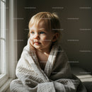 Toddler wrapped in soft blanket near window light